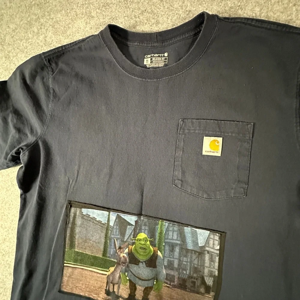 Carhartt Shrek Patch Pocket T Shirt XL Tall Black Mens Relaxed Fit Custom Sewn